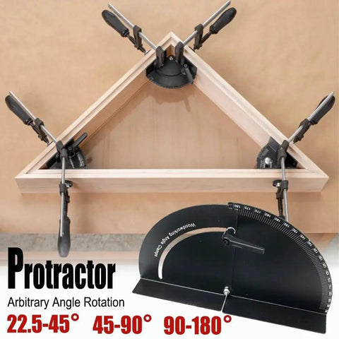 Heavy Duty Adjustable Woodworking Angle Clamp 45 90 180 Degree Protractor Corner Fixture holding wooden frame in triangular setup.