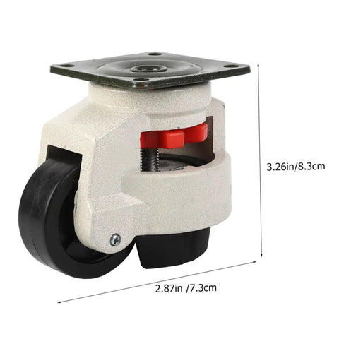 Heavy Duty Swivel Casters Four Pack Roll Smooth On Hardwood Floors Top Shelf Industrial Wheels For Workbenches Machinery With Adjustable Leveling Plates, detailed view of caster with nylon wheel and adjustable leveling. Measurements shown.