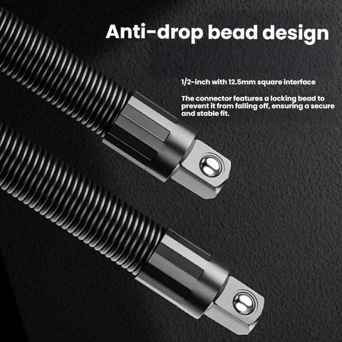 1/2 Inch Flexible Shaft Extension Tool For Auto Repair, Bendable Reach With Torque Socket, Ratchet Spanner, Portable Electric Wrench Connecting Rod, Flexible Extension Bar, close-up of anti-drop bead design and connector.