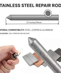 Diagram and close-up of 15 Pack Low Temp Aluminum Weld Rods 3.1 Inch for quick fixes, showing material compatibility with metal plates.