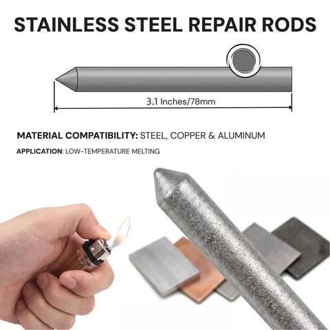 Diagram and close-up of 15 Pack Low Temp Aluminum Weld Rods 3.1 Inch for quick fixes, showing material compatibility with metal plates.