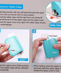 Tutorial on using a 10 Hole Puncher For Loose Leaf Paper, showing safety clasp function with a blue handheld metal circle punch tool.