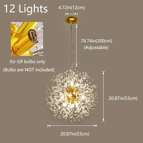 Gold Crystal 12 Light Modern Dandelion Firework Chandelier Ceiling Pendant Light For Bedroom Dining Room And Living Room