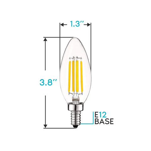 Vintage Style LED Candelabra Bulbs 5W Equivalent To 60W 550 Lumens 3000K Soft White Filament with E12 Base dimensions shown