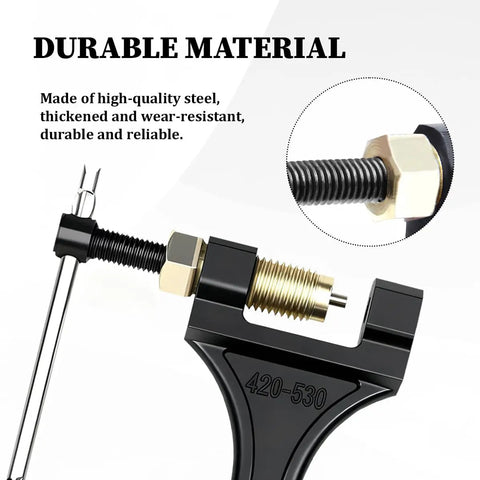 Close-up of Built Tough Motorcycle Chain Breaker Tool Adjustable From 420 To 530 Chain Size with solid iron construction