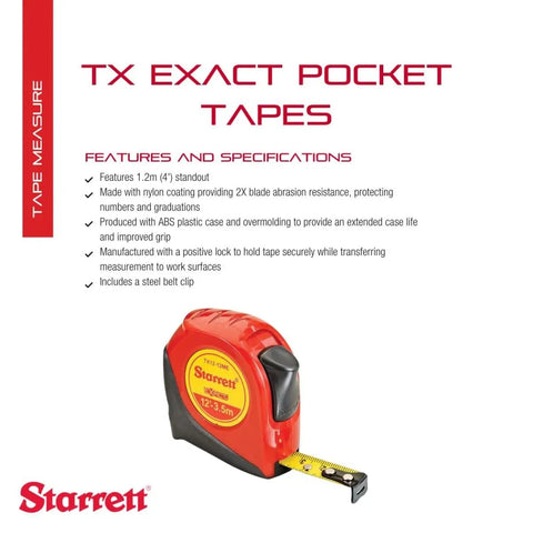 Exact Retractable Imperial And Metric Pocket Tape Measure With Nylon Coating Self Adjusting End Hook Steel Belt Clip Half Inch Wide Twelve Foot Length Heavy Duty Built To Last ABS Case shown with extended blade and red ABS case