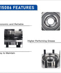 Beefed Up Front Wheel Hub Bearing Assembly 515086 features for Chevy GMC trucks 2001-2007 with close-up and side views.