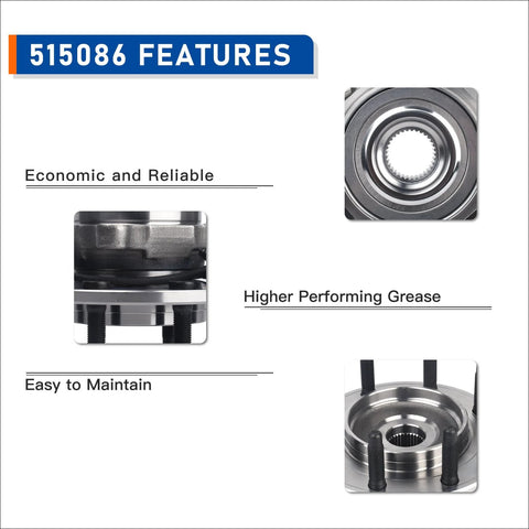 Beefed Up Front Wheel Hub Bearing Assembly 515086 features for Chevy GMC trucks 2001-2007 with close-up and side views.
