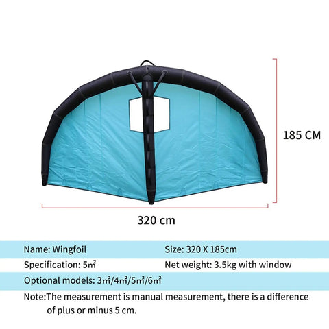 Inflatable Foil Wing For Wind Wing Foiling And Kitesurfing, blue wind wing with window, 320x185cm, durable polyester silk and Oxford cloth
