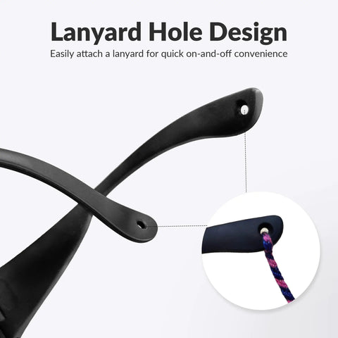 Lanyard hole design on Rock Solid Laser Safety Goggles for convenient attachment, showcasing the durable strap and frame.