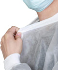 Close-up of Disposable Lab Coats For Adults With Pockets White Lab Jackets With Knitted Cuffs And Collar Pack Of 10 Large Made From Low Linting Anti Static