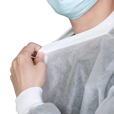 Close-up of Disposable Lab Coats For Adults With Pockets White Lab Jackets With Knitted Cuffs And Collar Pack Of 10 Large Made From Low Linting Anti Static