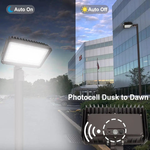 Beefy 200W LED Flood Light With Dusk to Dawn Photocell 26000 Lumens 5000K illuminating parking lot at dusk