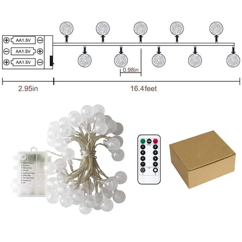 Battery Operated Globe String Lights With 50 LED Crystal Orbs 16.4 Ft Waterproof Fairy Lights With Remote set and packaging