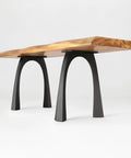 Industrial Metal Bench Legs 16 Inch Height Set Of 2 for Mid Century Modern Tables with natural curve lines under wooden tabletop.