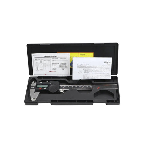 VZDRHYURI IP54 Waterproof Digital Caliper 150mm Stainless Steel in storage case with inspection certificate and safety instructions.