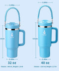 40 Oz Double Wall Insulated Travel Tumbler With Detachable Paracord Handle And Leakproof Lid next to 32 Oz version, showcasing sizes.