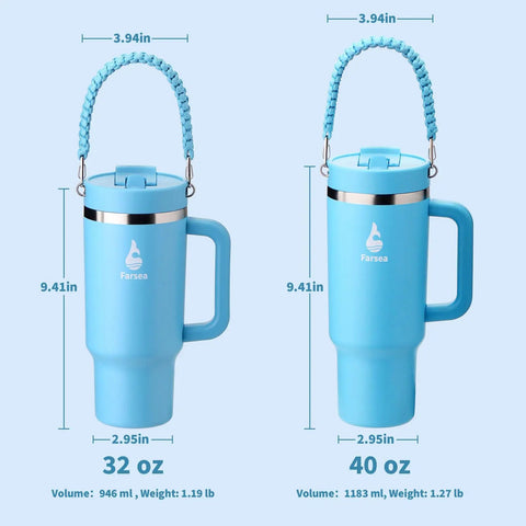 40 Oz Double Wall Insulated Travel Tumbler With Detachable Paracord Handle And Leakproof Lid next to 32 Oz version, showcasing sizes.