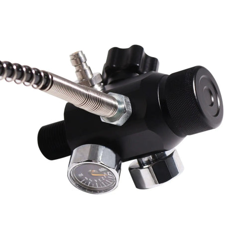 Close-up of High Pressure Fill Station 4500 PSI with Dual Gauge and 20 Inch Hose for Scuba DIN Tank Adapter, showing gauge detail.
