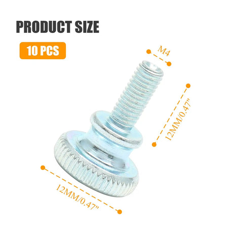 M4 Knurled Thumb Screw Zinc Plated 12mm Flat Head Knob from 10 Pack Bolt Kit, carbon steel design with measurements.