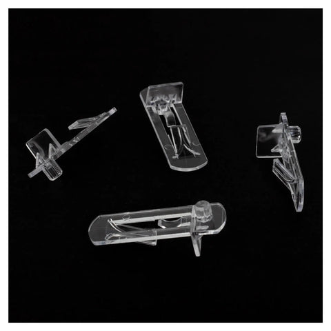 Transparent 30 Piece Cabinet Shelf Clips Set Plastic Support Pegs displayed on a black background