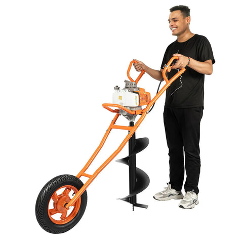 Beast 63cc 2 Stroke Gas Auger Post Hole Digger With 11.81 Inch Bit, orange with single wheel, held by person