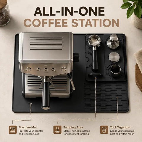 Straight Fire Premium Silicone Coffee Drip Mat With Built In Tamping Station, Non Slip Overflow Shield For Oster Perfect Brew, Heavy Duty Barista Counter Organizer And Quick Drainage Tray, Black on kitchen counter with espresso machine.