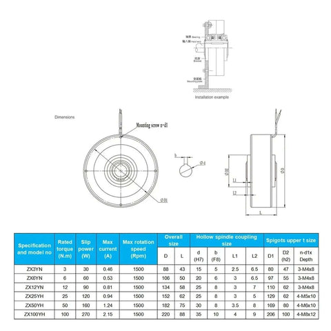 Technical diagram and specifications chart for 24V Hollow Shaft Mini Magnetic Powder Brake With 3 Nm, 6 Nm And 12 Nm Torque.