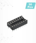 DIP IC Socket Adapter Kit 30Pcs, 16 Pin, 7.62mm Row Pitch, black socket on white background, focus on pins and build