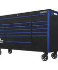 Heavy Duty 17 Drawer Rolling Tool Chest Cabinet 72 Inch Wide Shop Rig Storage with smooth mag wheels and black finish.