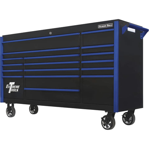 Heavy Duty 17 Drawer Rolling Tool Chest Cabinet 72 Inch Wide Shop Rig Storage with smooth mag wheels and black finish.