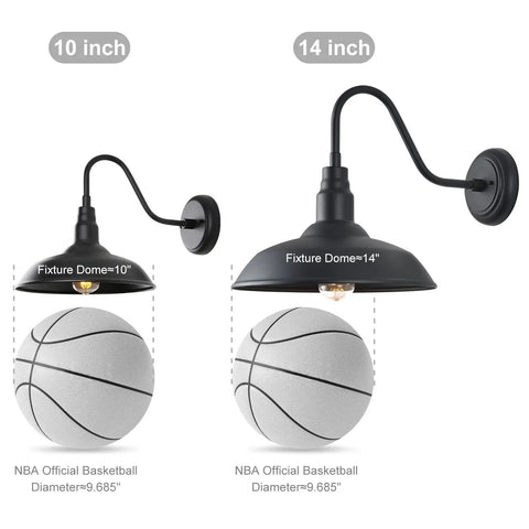 Comparison of 10 and 14 inch outdoor gooseneck barn light fixtures with basketball for size reference.