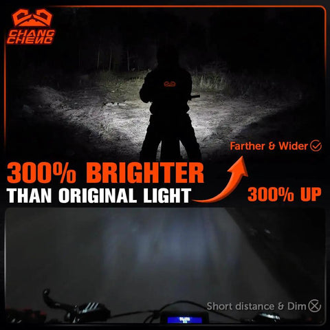 Electric Dirt Bike Headlight Kit With Aluminum 6000K To 6500K LED Bar showing bright white beam on trail at night