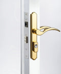 Tough As Nails Brass Storm And Screen Door Handle Set With Solid Lock And Key Featuring A Reversible Latch Design and Adjustable Mortise Backset.