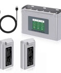 Beefy Mini 2 Series Intelligent Flight Battery 2 Pack 2400mAh For DJI Mini 4K Mini 2 Mini 2 SE Mini SE With 3 Slot Two Way Charging Station And LCD Display Up To 31 Minutes Flight Time, includes two batteries, charging station, and USB cable.