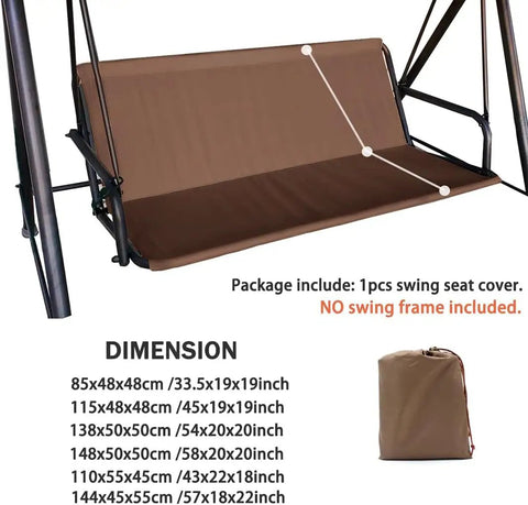 Heavy Duty 600D Patio Swing Seat Cover Replacement for 3 Seater Outdoor Swing Cushions shown with dimensions and packaging