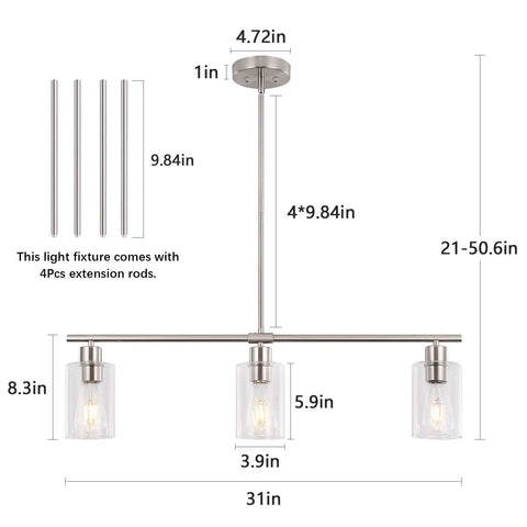 Dimensions of Three Light Modern Chandeliers For Kitchen Island Lighting in Brushed Nickel with Clear Glass Pendants and Extension Rods