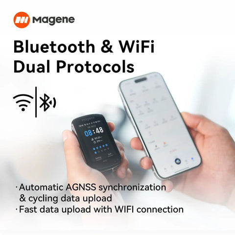 Wireless GPS Bike Computer With 2.4 Inch Color Screen Route Navigation Bluetooth And WiFi in hand near smartphone
