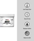 White Plastisol Screen Printing Ink, Fast Cure At 270F, 32oz Quart, labeled container, features low temp cure, USA made.