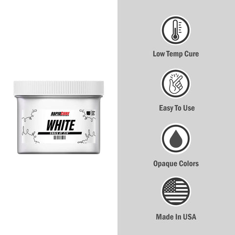 White Plastisol Screen Printing Ink, Fast Cure At 270F, 32oz Quart, labeled container, features low temp cure, USA made.