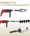Heavy Duty Three Quarters Inch Chuck Auger Drill Adapter For 4 And 6 Inch Garden Auger Bits, shown with drill and auger bit