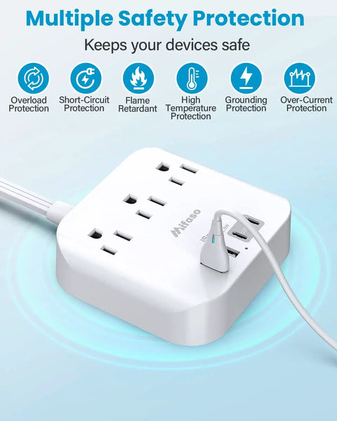 Ultra Flat 5ft Extension Cord Power Strip With 3 Outlets And 4 USB Ports 2 USB C Desk Charging Station No Surge Protection