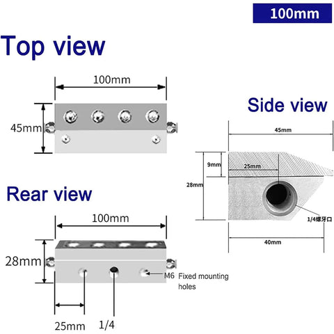Heavy Duty Aluminum Air Knife Blower That Blasts Dust And Moisture Straight Off, 100mm dimensions top and side view diagram.