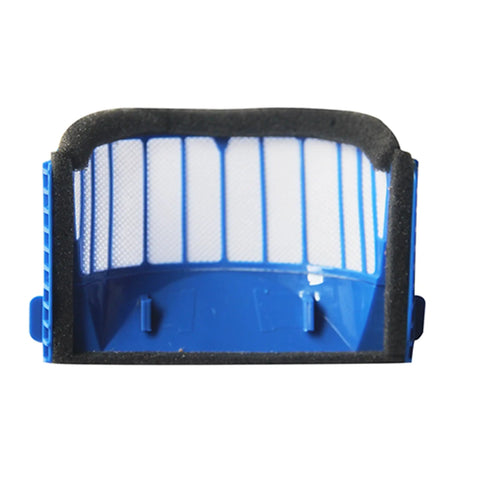 Close-up of blue and white Replacement Aero Vac Filters Kit For iRobot Roomba 500 600 Series Ten Pack High Quality Cleaning Filters.