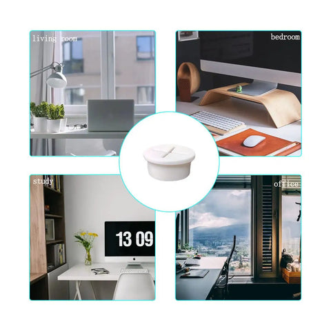 6 Pack Pure White Silicone Desk Cord Grommet, 1 Inch Flexible Wire Protector in home office settings including bedrooms and living rooms.