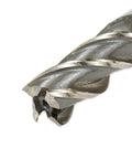 End mill, gray steel, 3/4 in cutting diameter, spiral flutes (close-up view)