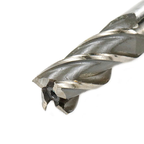 End mill, gray steel, 3/4 in cutting diameter, spiral flutes (close-up view)