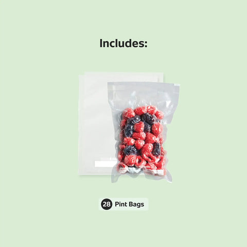 Pack Of 30 Pint-Sized Precut Vacuum Seal Bags, BPA Free Multilayer Construction For Food Preservation shown with berries inside