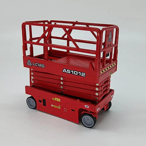 1 30 Scale Self Propelled Scissor Lift Model With Extendable Cylinders Push To Glide Skid Proof Deck Built In Access Ladder Hella Rugged Red Work Platform Replica For Garage Shelves displayed on a clean background.