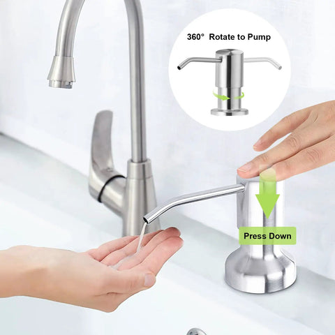 Stainless Steel Built In Soap Dispenser Pump For Kitchen Sink With Forty Seven Inch Extension Tube And Eleven Point Eight Four Ounce Soap Bottle Kit Brushed Nickel in use